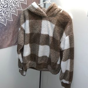 Super cute brown and white fuzzy hoodie.